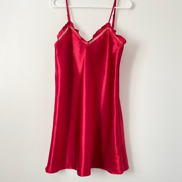 Vintage Aegean Apparel Elegant Red Satin Lace Trim Slip Dress Coquette Girl M - Picture 2 of 6